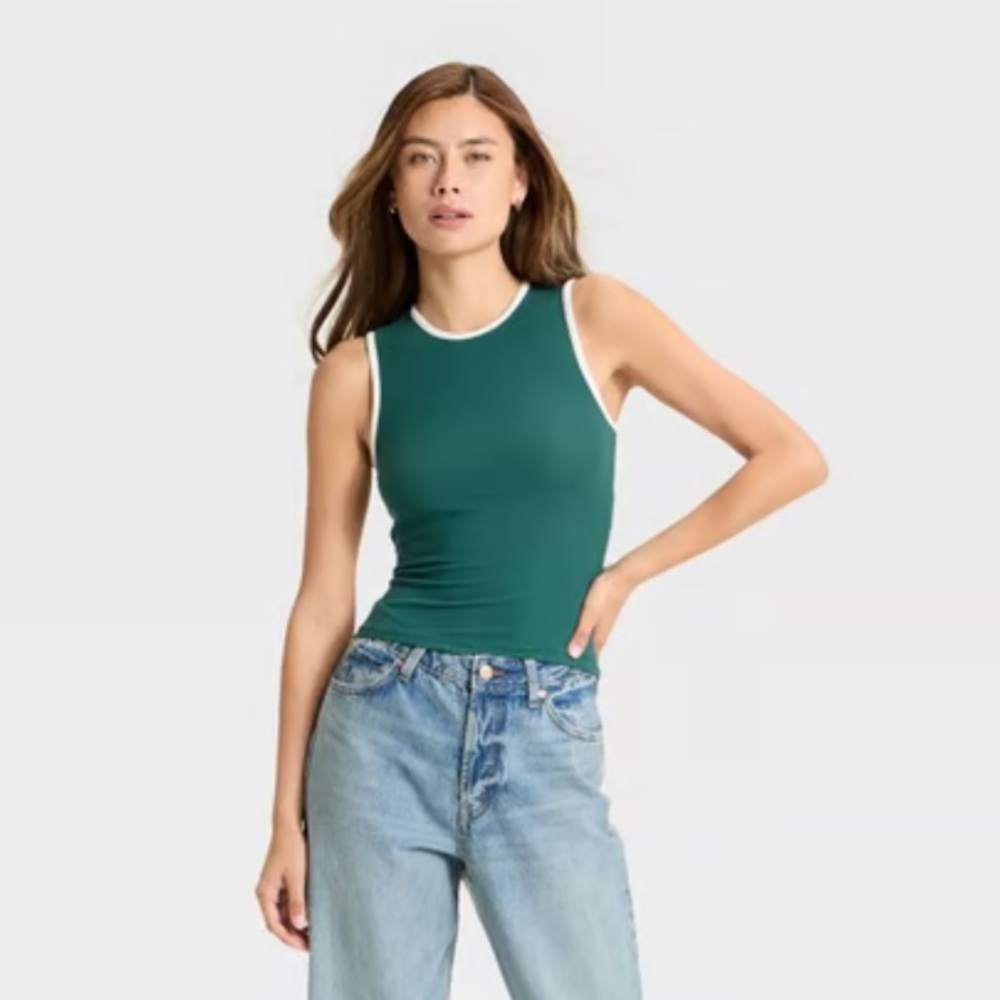 NWT XXS Wild Fable Dark Teal Green and White Ribbed Open Back Tank Top